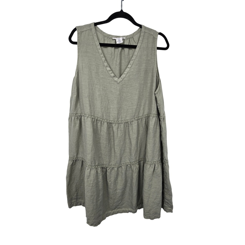 Lucky Brand 100% Linen Tiered Dress Womens Plus 1X Green Babydoll Boho Cottage